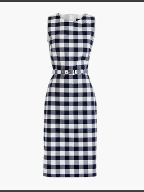 J Crew Sleeveless Navy and White Gingham Belted Sheath Dress